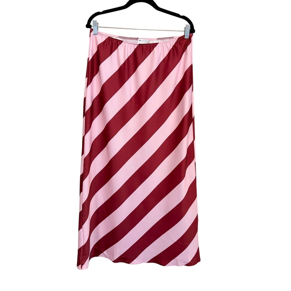 Asos Design Satin Bias Maxi Skirt 10 Pink Burgundy Striped Holiday Party Festive